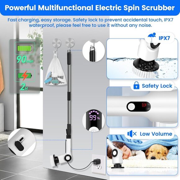 Electric Spin Scrubber, Cordless Shower Scrubber with 7 Scrub Brush - Picture 8 of 9